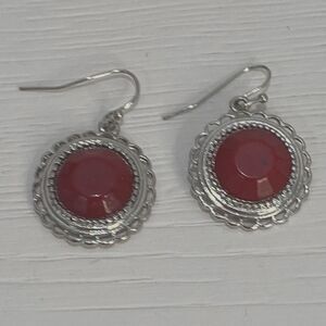 Silver Tone Dangle Drop Earrings for Women Brick Red Colored Oval Gemstone